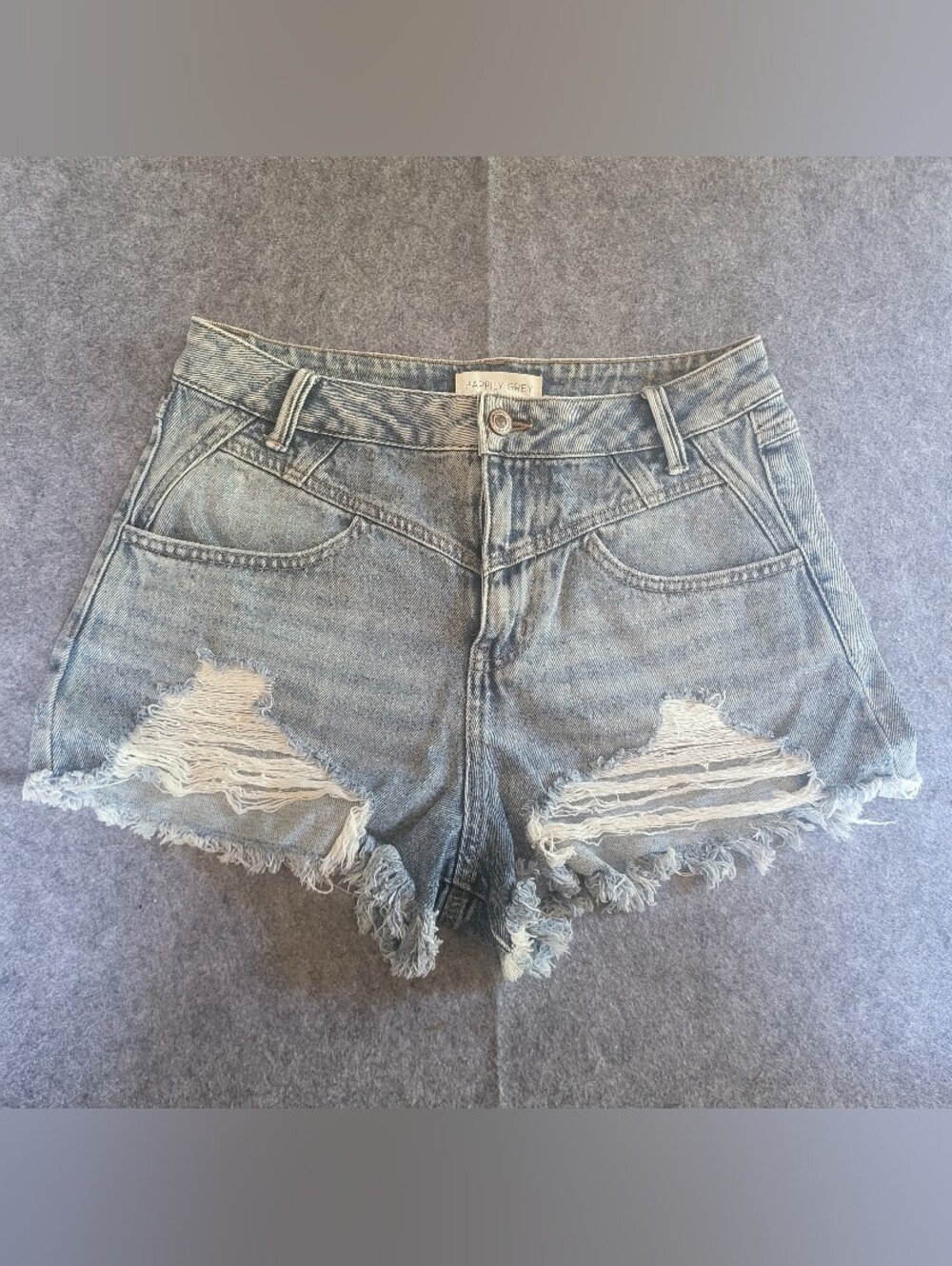 Happily Grey Shorts Women Sz 7/28 B High Rise Distressed Denim Cutoff Frayed Hem